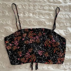 Black Cami Crop Top w/ Colorful Floral & Stars Design, Adjustable Ties, OpenBack